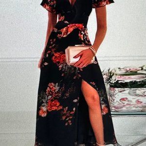 NWT, tlora, Navy Floral V-Neck Short Sleeve Maxi Dress, MEDIUM